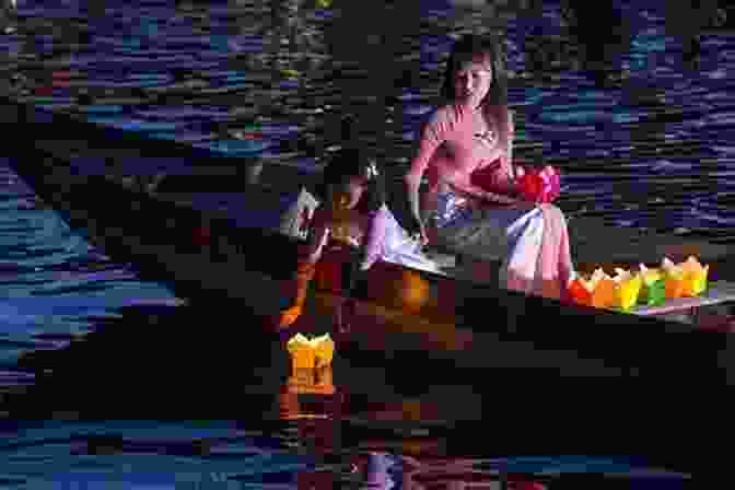 A Girl Standing In A Boat With Lanterns Floating In The Water Inside Out And Back Again