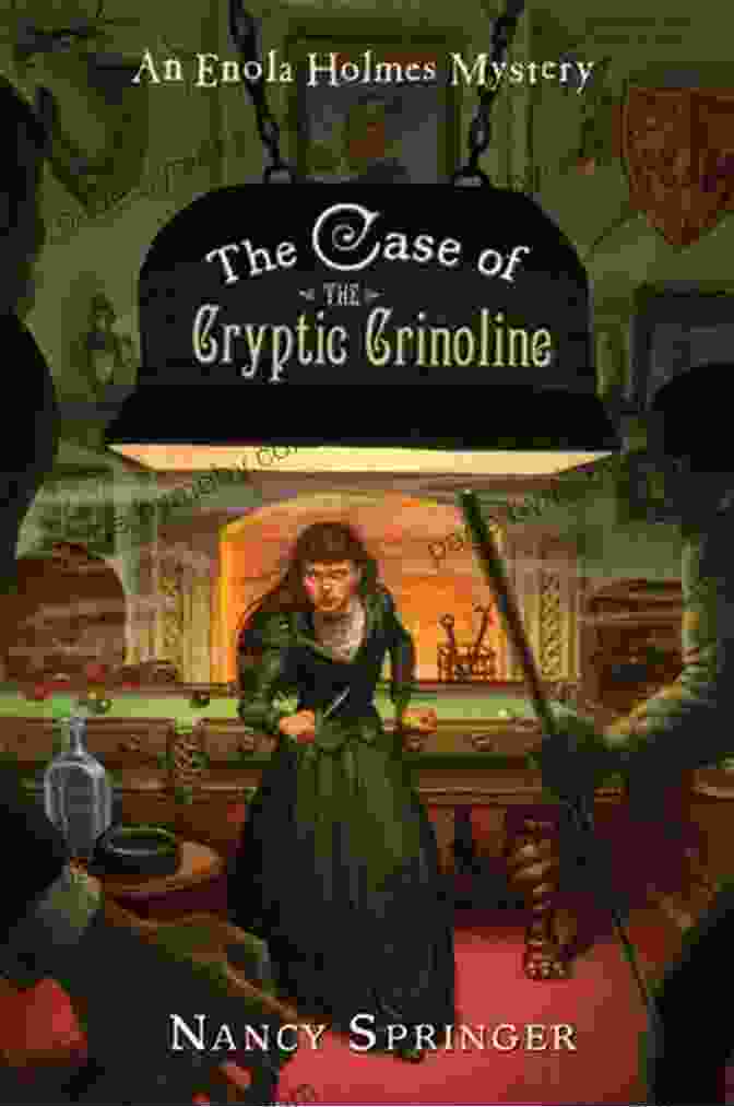 The Case Of The Cryptic Crinoline Book Cover Featuring A Silhouette Of Enola Holmes Holding A Magnifying Glass Against A Backdrop Of Victorian London. The Case Of The Cryptic Crinoline (An Enola Holmes Mystery 5)